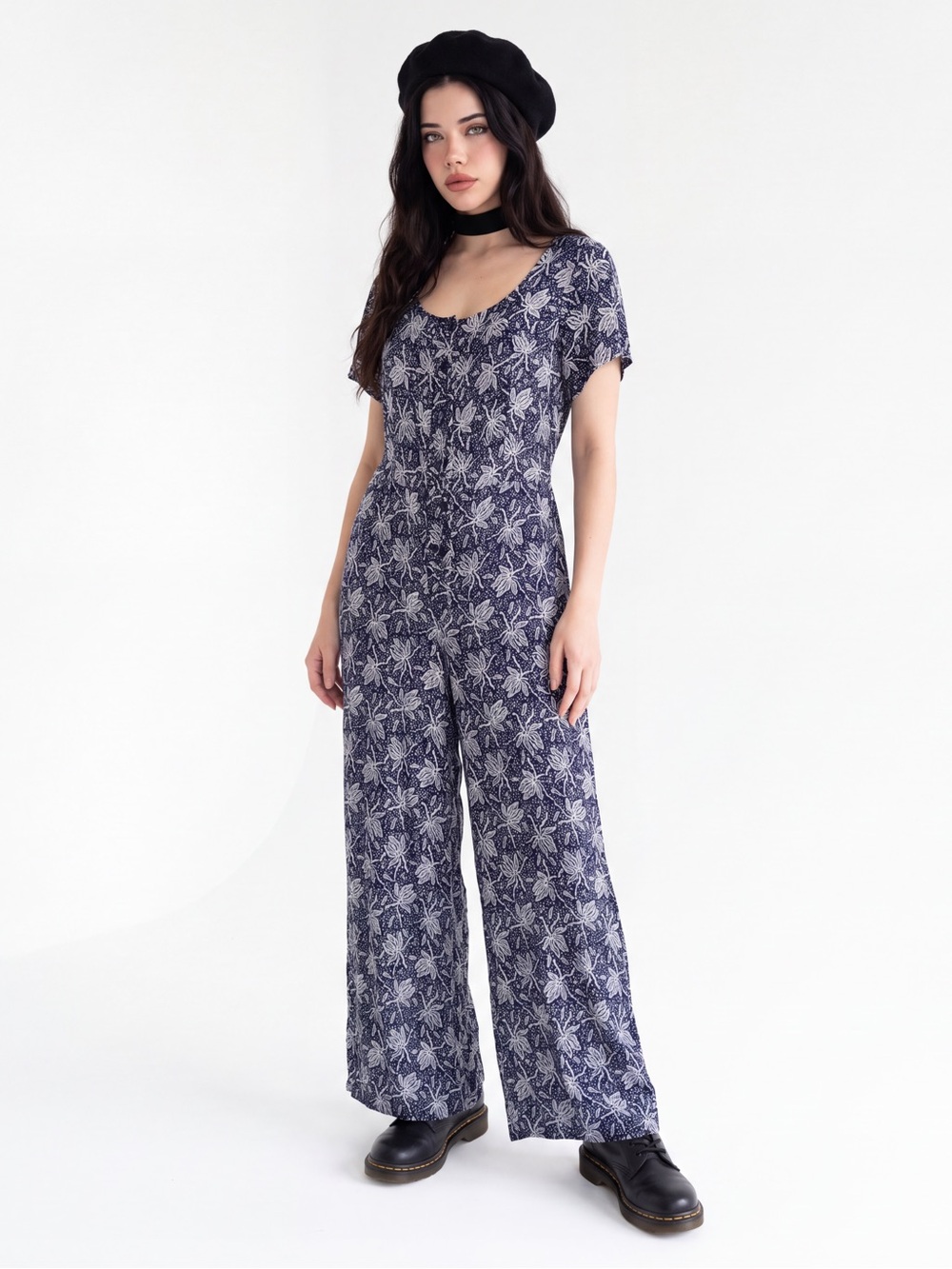 Vintage 90s Leaf Floral botanical Jumpsuit Wide Leg Coastal Cottagecore Boho